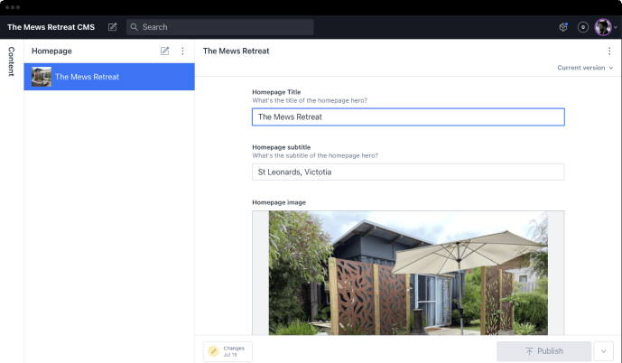 The Mews St Leonards backend cms homepage screenshot