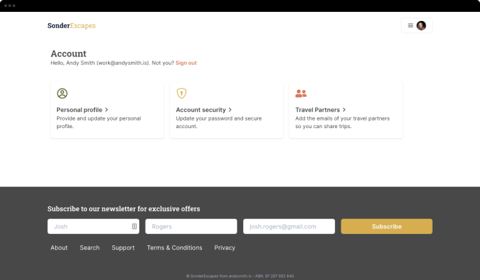 Sonder Escapes website account page screenshot