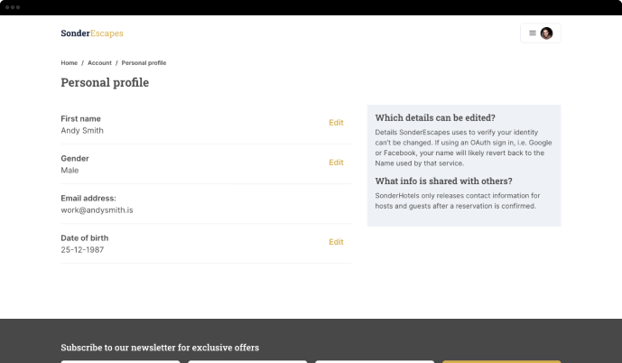 Sonder Escapes website personal profile screenshot