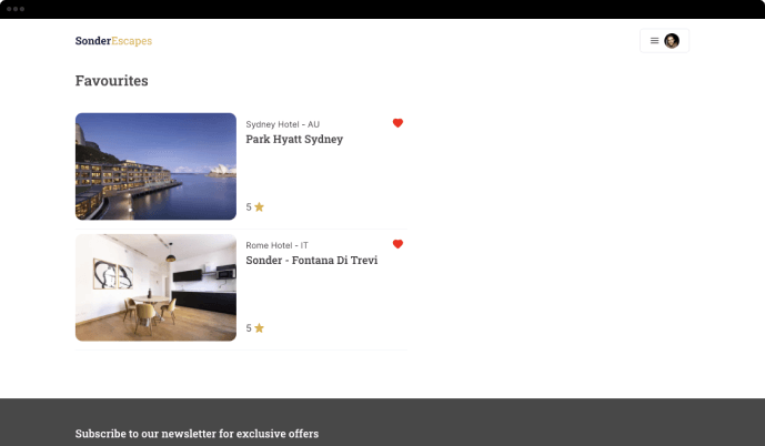 Sonder Escapes website users favourites screenshot