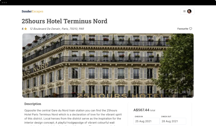 Sonder Escapes website hotel page top screenshot