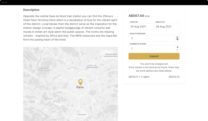 Sonder Escapes website hotel page middle with map screenshot